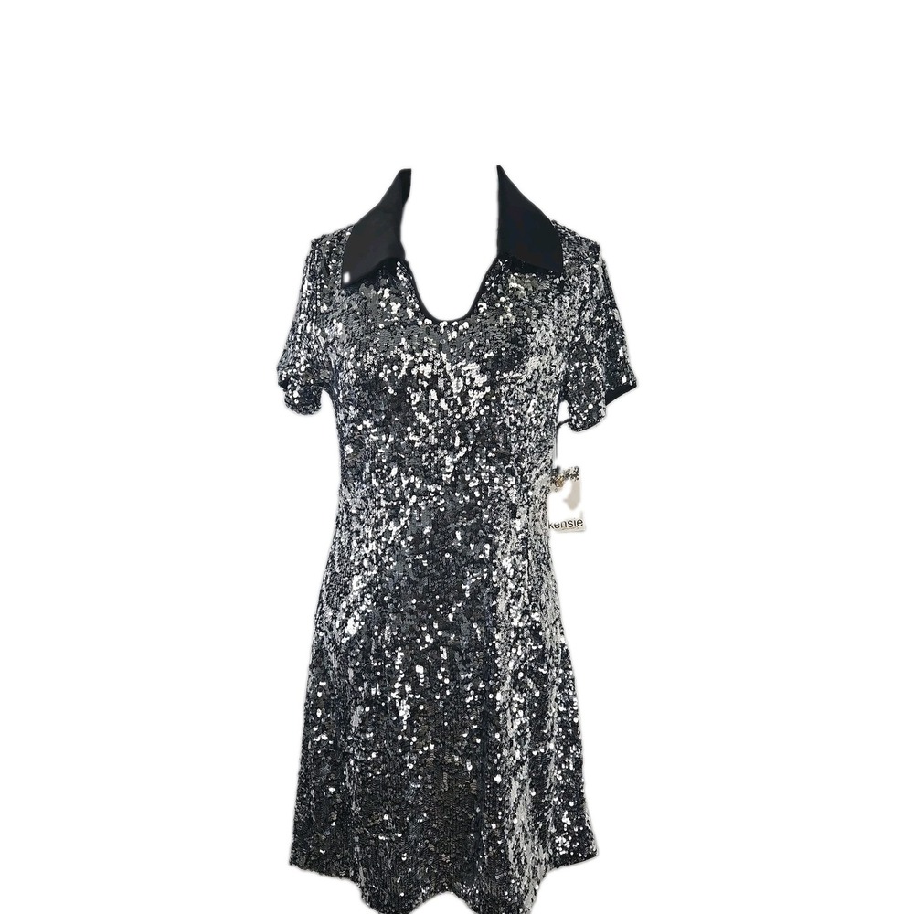 Kensie Dress 8 Silver All Over Sequin Short Sleeve Collared Formal New $148